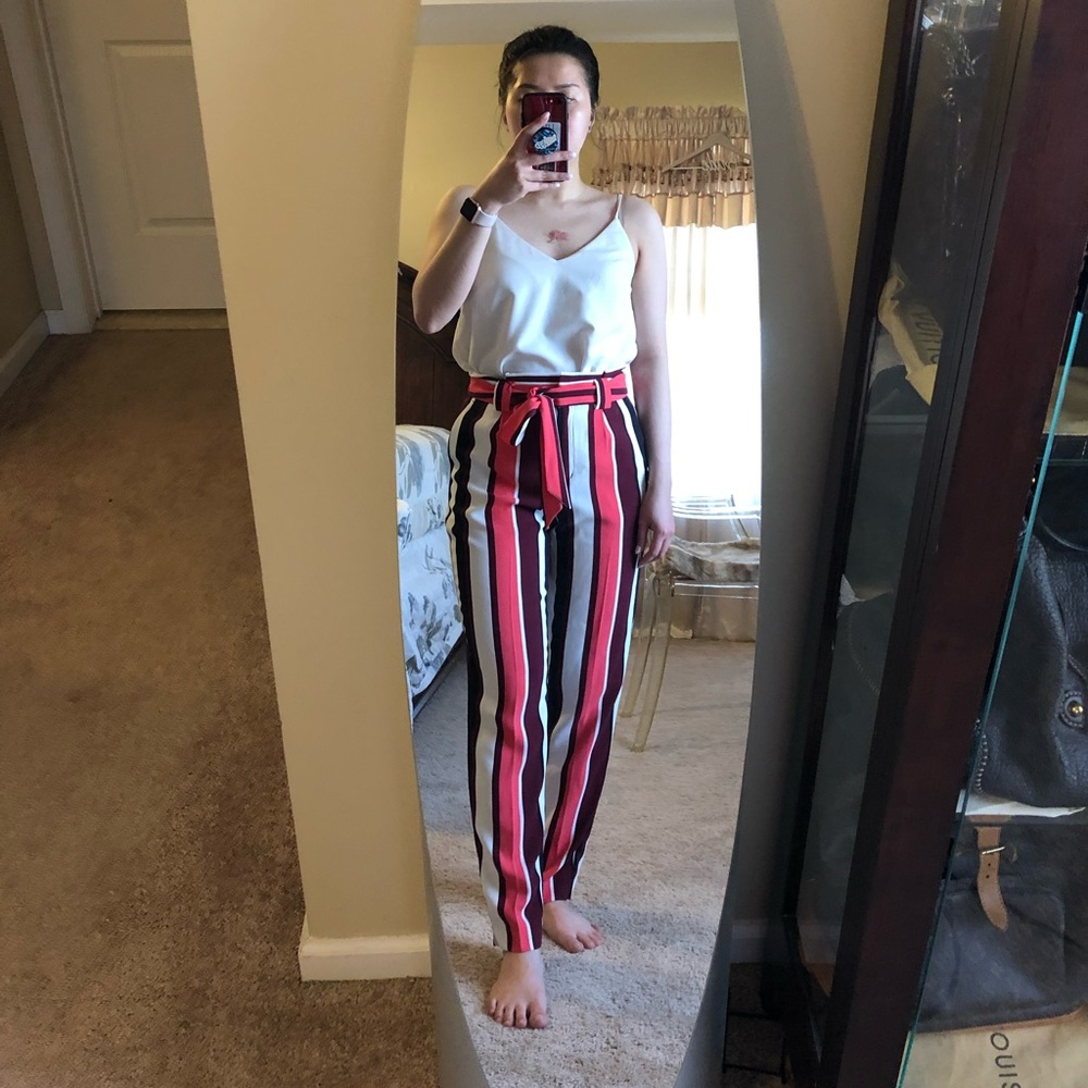 EXPRESS High Waisted Striped Ankle Paperbag Pant
